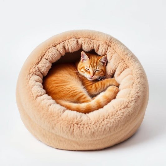 Calming cat bed with sleeping cat